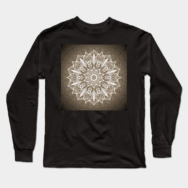 Arabesque Mandala Indian Tibetan White and Golden Long Sleeve T-Shirt by DMRStudio